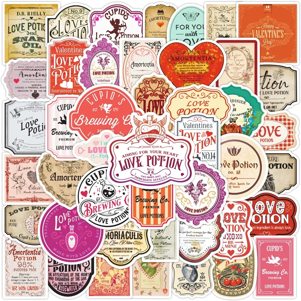 10/50Pcs Funny Vintage Halloween Love Potion Label Stickers Valentine\'s Day Decals Phone Luggage Notebook Laptop Bottle Sticker