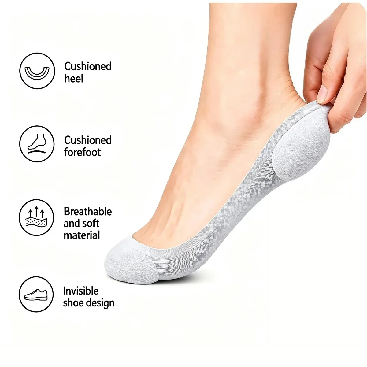 1/4Pairs Women Invisible No‑Show Socks, Soft Sponge Arch Support Cushion Shock Absorption Non‑Slip Cuttable Low‑Cut Foot Socks
