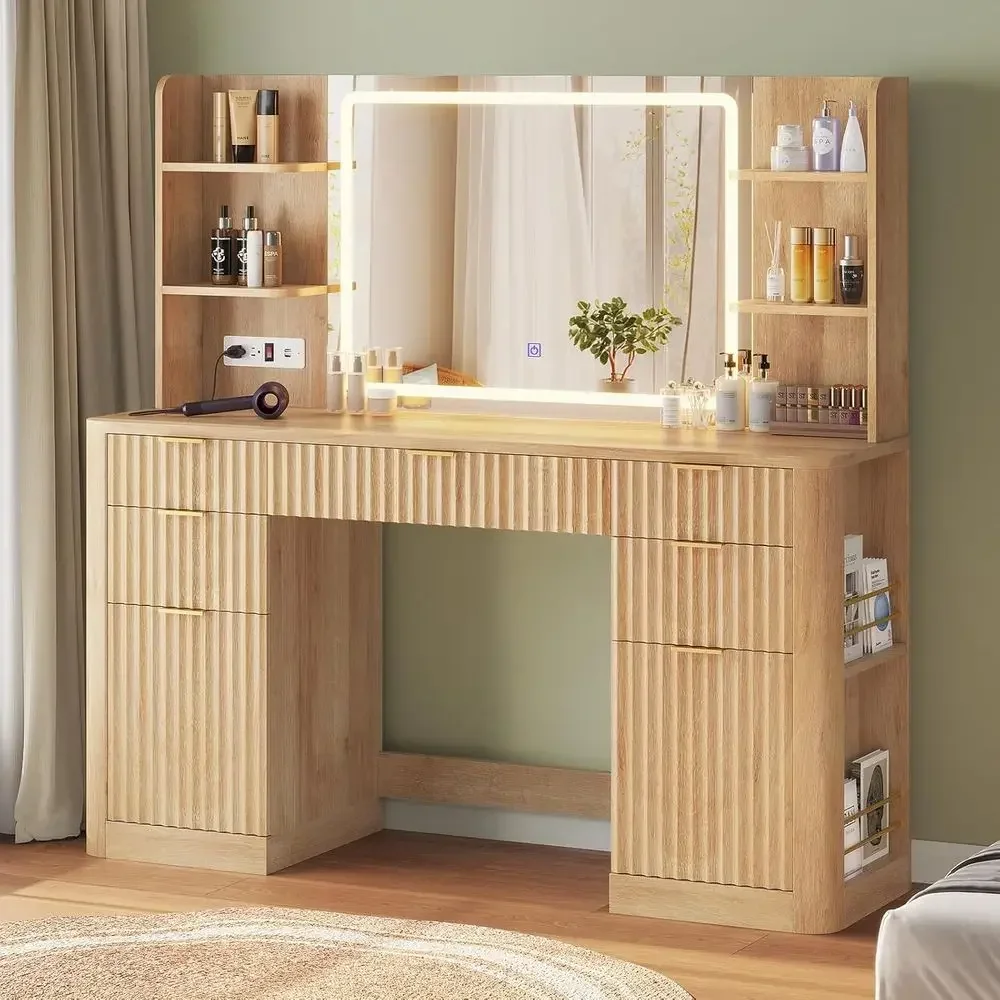 51.2 Luted Makeup Vanity Desk with 30.3 Mirror, Lights, 5 Drawers, 6 Shelves, 2 Cabinets, Oak Finish