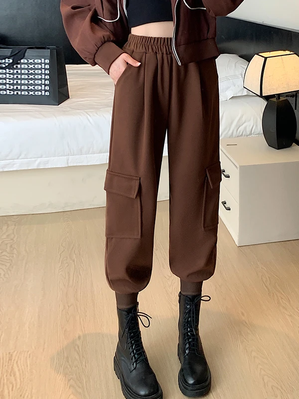 Damskie wełniane spodnie utilitarne jesienno-zimowe, luźny krój, spodnie typu harlan, wysoki stan, elastyczne, jednolite, uniwersalne spodnie codzienne.