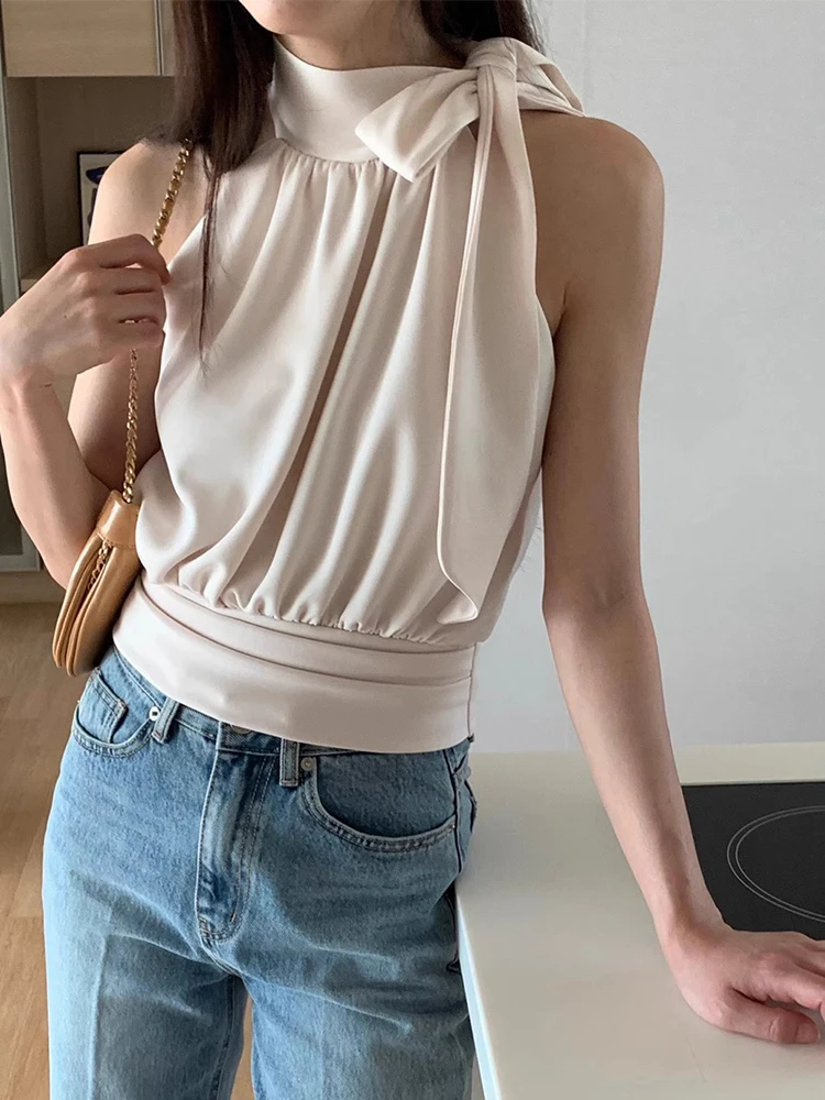 Chic Summer Design Colletto alla coreana Cravatta Drappeggio Nodo Versatile dimagrante Ne Gilet appeso irt Donna coreana Sle Loos...