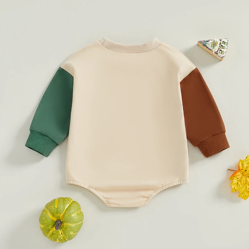 2024-07-15 Lioraitiin Baby Thanksgiving Sweatshirt Romper Letter Turkey Print Contrast Color Long Sleeve Fall Jumpsuits