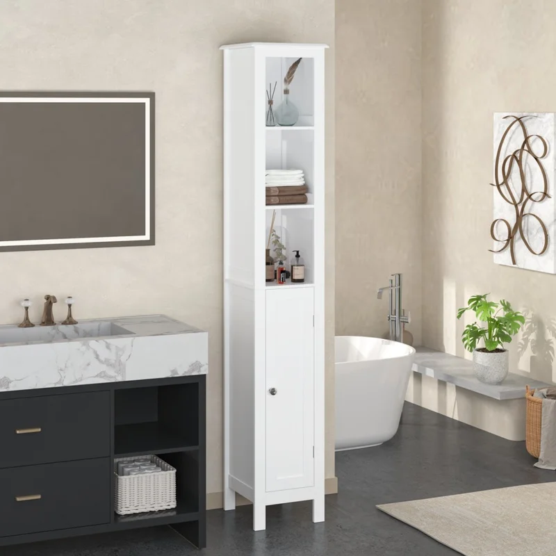 

66.92" White Freestanding Bathroom Cabinet with Adjustable Shelves, Slim 1-Door Storage Unit for Small Spaces, Anti-Tip Design, Open Compartments, Kitchen or Living Room Use