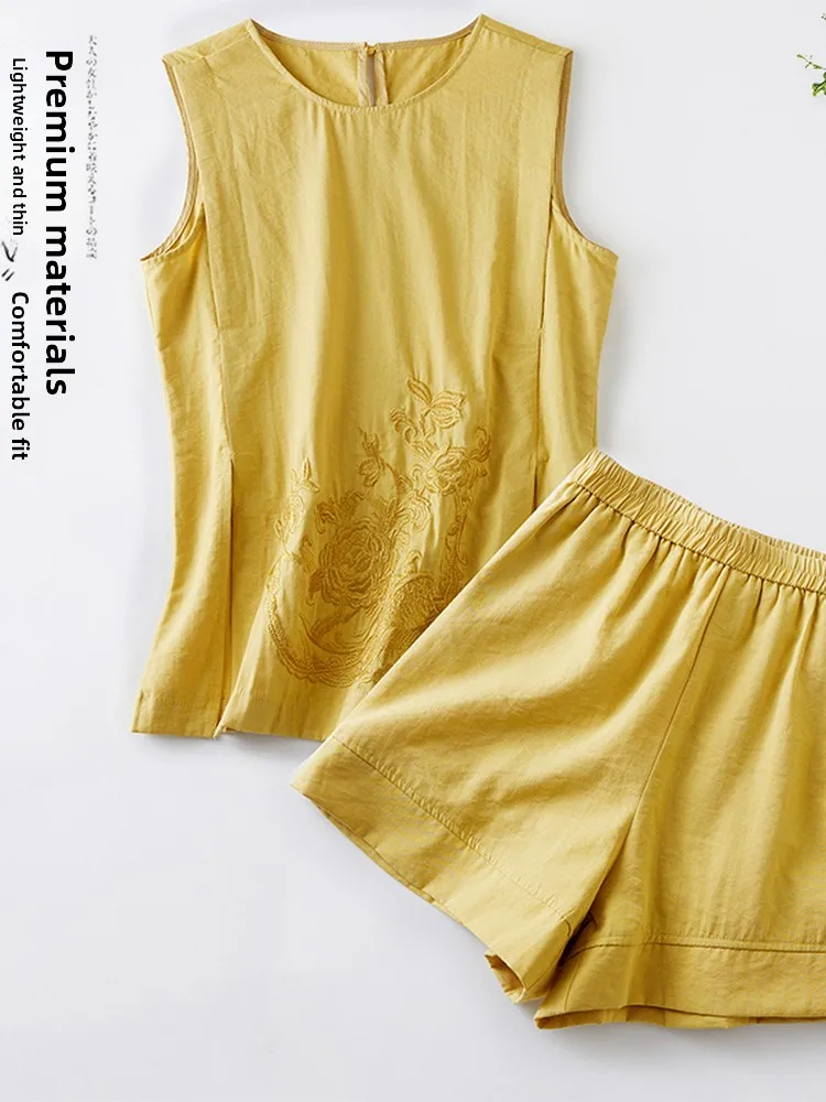 

New Chinese Style Cotton Linen Women's Summer Sleeveless Top And Shorts Two-Piece Set Breathable Lightweight Comfortable Fash...