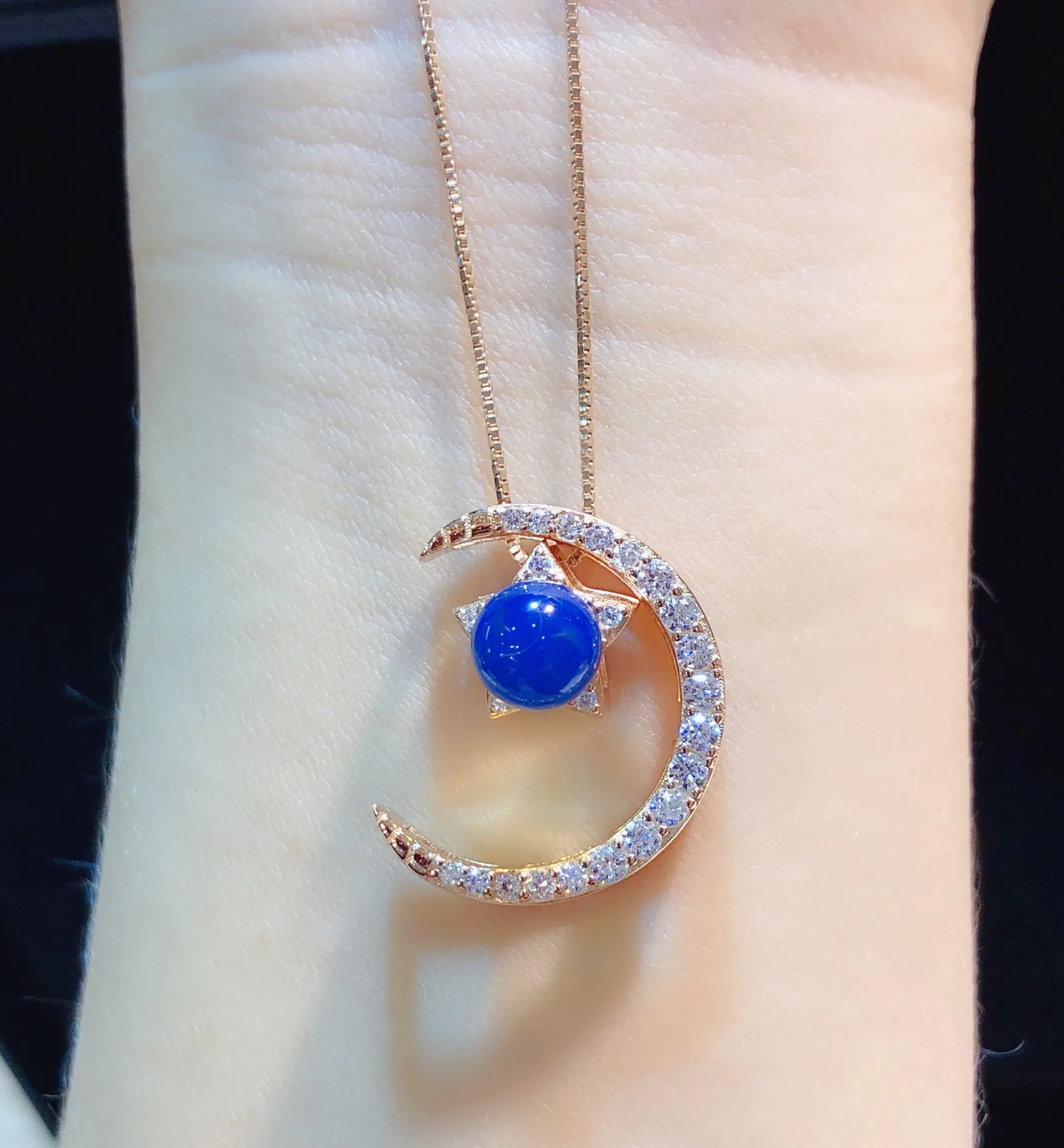 

Interchangeable Moon and Star Pendant Necklace Silver Rose Gold with Blue Amber Zircon Romantic Gift for Girlfriend Wife