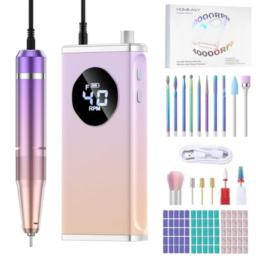 

Electric Nail Drill 40000RPM Professional E-Filer Rechargeable with 15 Drill Bits Portable Nail File Electric Nail Filer for Ac
