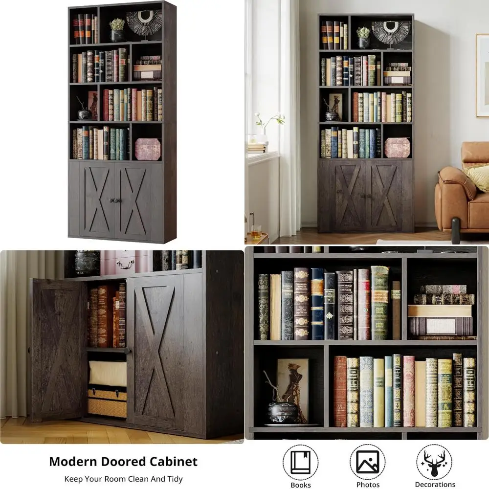 

Высокая книжная полка для хранения с 8 кубиками, закрытые дверные книжные шкафы для гостиной, спальни и офисных помещений.