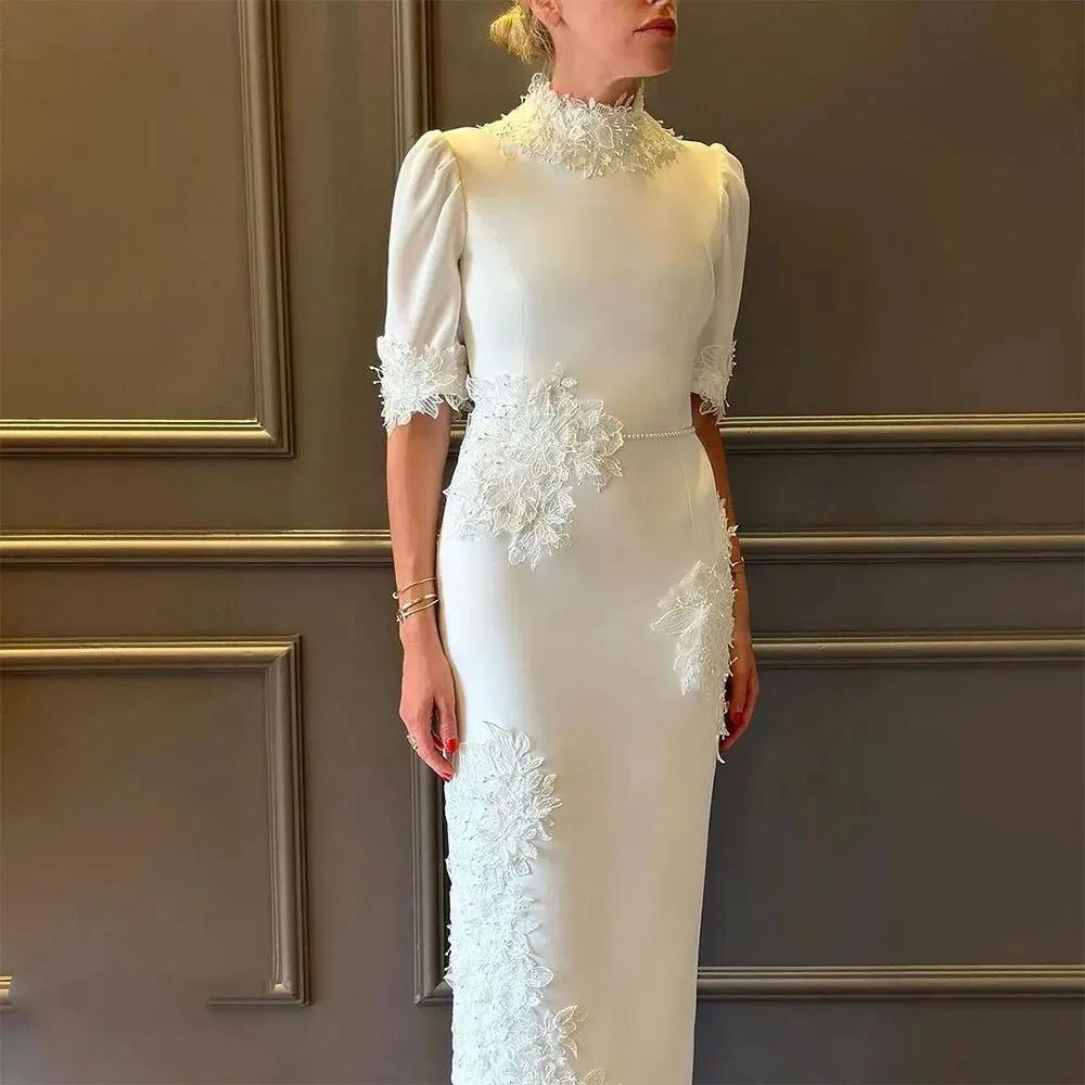 High-Neck Prom Dress Half Sleeves With Floor Length Evening Dress Women Wedding Party Formal Gowns Arabia2024CL-717