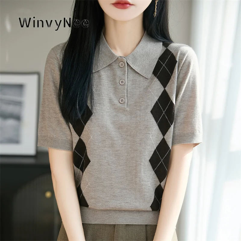 WinvyNee Women‘s New Argyle Fine Pure Wool Short Sleeve Polo Shirt Breathable Knit Fashion Elegant Casual Lady Tops ZA1227028