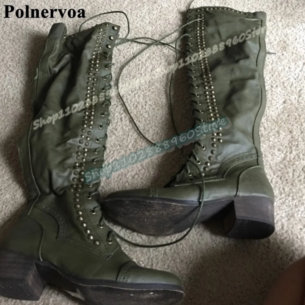 Trendy Knee High Green Rivets Cross Tied Boots Thick Heel Shoes For Women Side Zipper Round Toe Fashion 2026 Zapatos Para Mujer