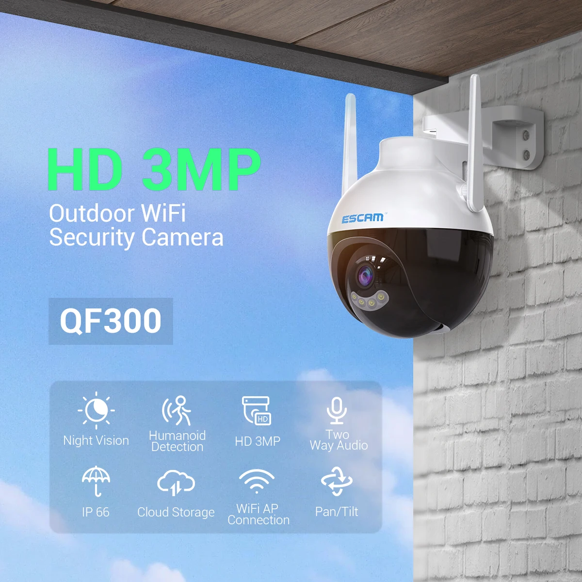 ESCAM QF300 3MP 1296P Icsee APP Water-proof WIFI PTZ  IP Dome Camera Onvif Rtsp Full Color AI Humanoid Intercom Baby  Monitor