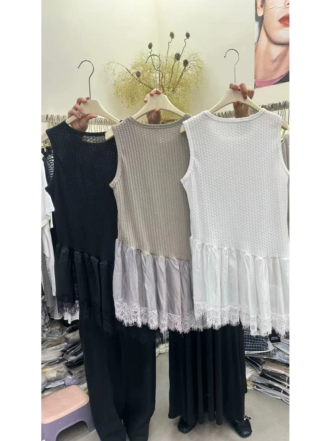 Korean Style round Neck Lace Trim Sleeveless Vest Mid-Length Extra Large Size Outerwear Women Casual Splice Lace Backless