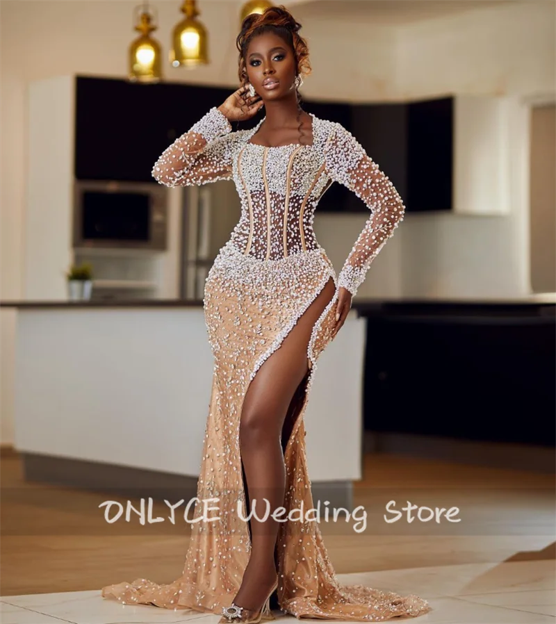 

Modest Champagne Wedding Dresses Long Sleeves Pearls Crystals Beads African Formal Occasion Dress High Slit Evening Gown