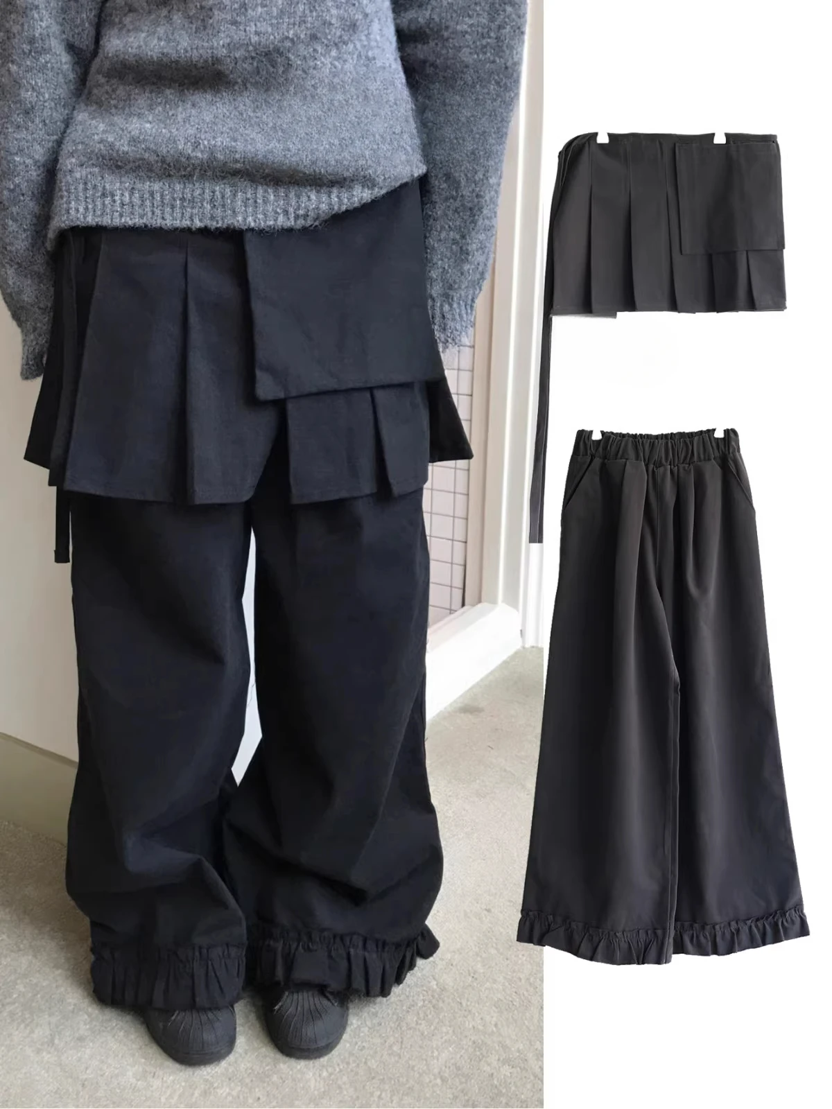 KUSAHIKI Retro Street Causal Irregular Two Piece Detachable Spicy Girl Skirt Pants