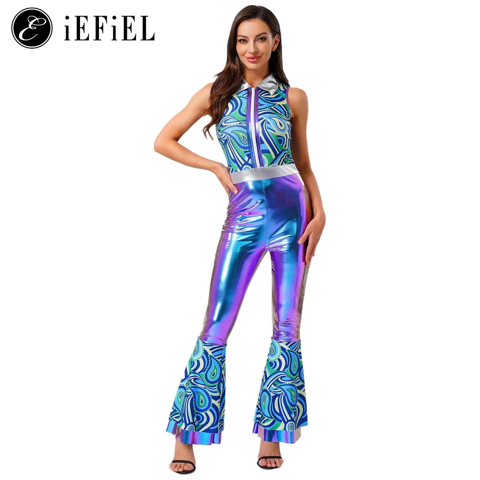 

Women 70s Dancing Queen Halloween Cosplay Costume Printed Sleeveless Bell Bottom Overall Jumpsuits Ballroom Dance Bodysuits