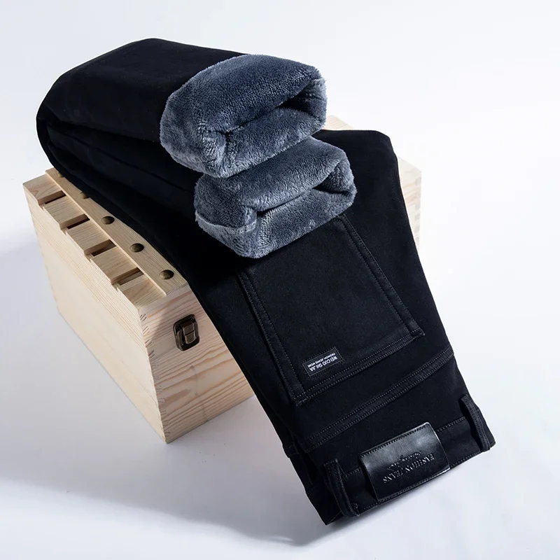 2025 Winter Warm Denim Casual  Fleece  Jeans Men Elasticity  Slim Fit Stretch Thick Velvet Pants Black Grey Blue Jeans