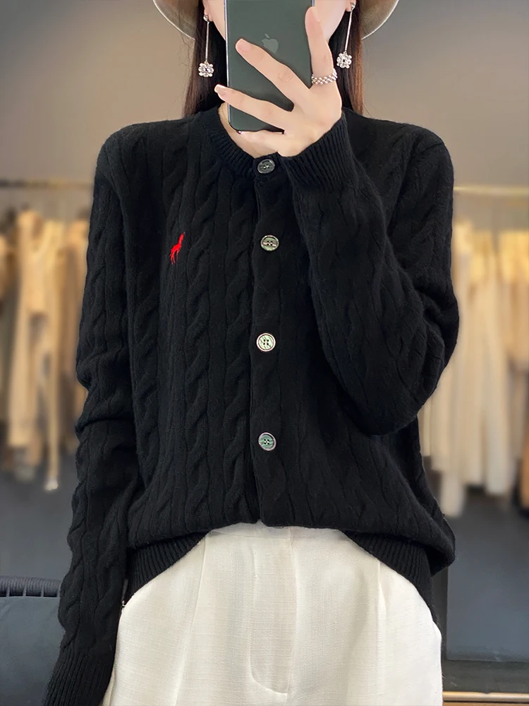 

Women 100% Merino Wool Knitted Preppy Style Cable Knitting Cardigan Autumn Winter O-neck Long Sleeve Cashmere Sweater Thick Soft