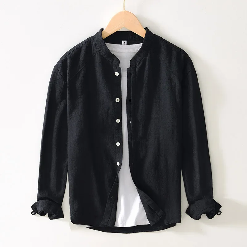 Summer Cotton Linen Shirt Men Daily Breathable Top Japanese Vintage Stand Collar ShirtsCasual Long Sleeve White Shirt Man Simple