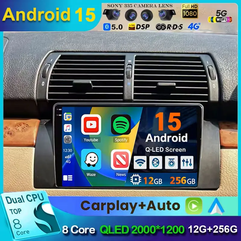 Android 15 для BMW 5 E39 1996-2003 E53 X5 M5 2K QLED Android Автомобильный радиоприемник Мультимедийный видеоплеер GPS AI Голосовой CarPlay Головный блок