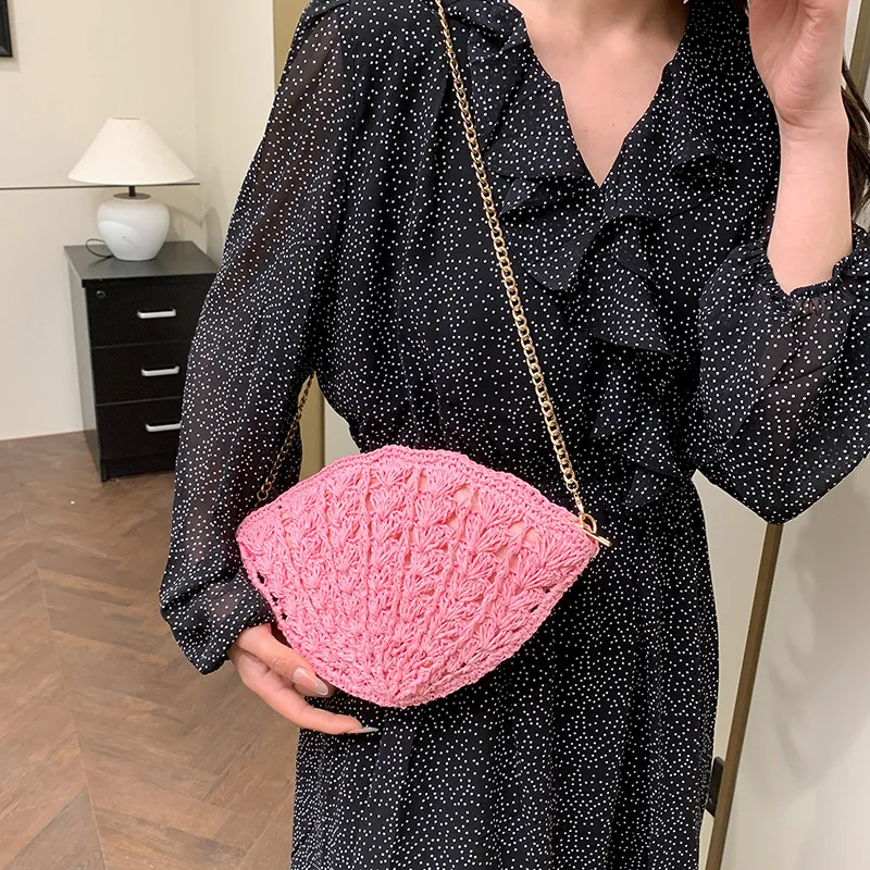 المرأة القش شل حقيبة كتف موجة الدانتيل الشاطئ حقائب كروسبودي جوفاء المنسوجة يدويا مخلب محفظة الهاتف الحقيبة لقضاء عطلة الصيف #5