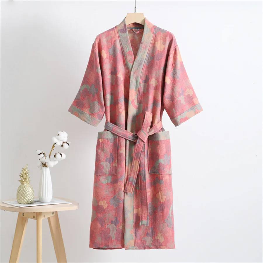 2024 Summer Couple Dressing Gown Vintage Loungewear Double Layer Gauze Bathrobe Men Shower Robe Women V-neck Kimono Sleepwear