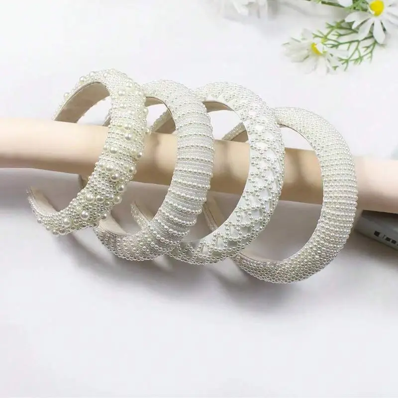 1pc women\'s simple sponge wide edge hand sewn bead pearl headband French super fairy hair headband