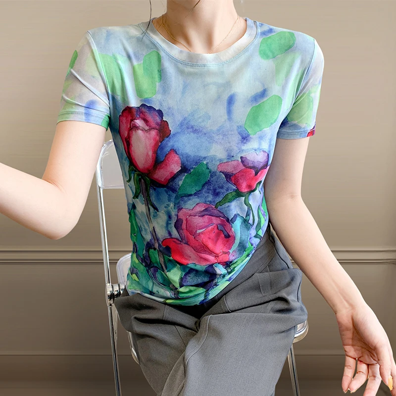 Faionable Women's Printed T-irt Summer New Sle Slim Fit round Ne ort Sve Ice Silk Me Top Korean Sle Commute