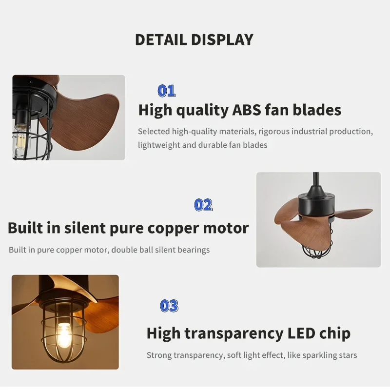 22 Inch 3-leaf American Retro Ceiling Fan Light, Remote Control, Bedroom, Hallway, Balcony, Dining Room Interior Decoration