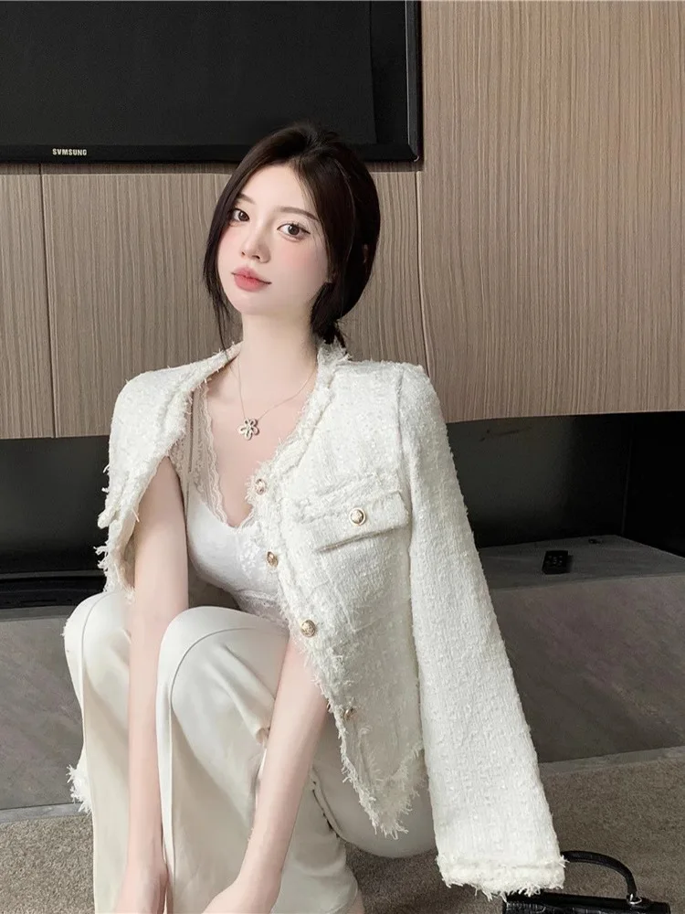 Chaqueta de Tweed con Cuello, Manga Corta, para Mujer, Invierno, Acolchada de Algodón, Encaje Floral, Desmontable, Bordada, Ornamentada, Elegante, Formal, Cuello en V, para Uso Diario