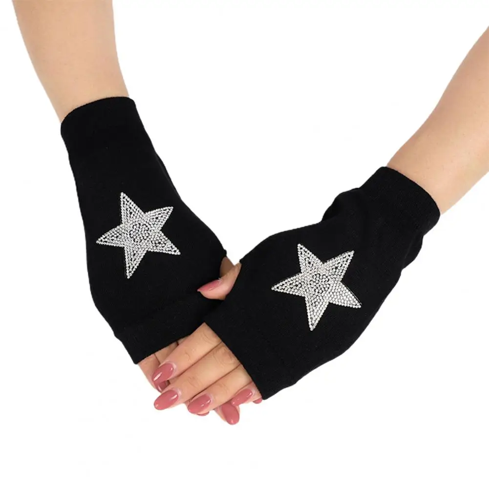 Women Gloves Rhinestone Fingerless Half Finger Thumb Hole Black Stretchy Autumn Winter Adults Gloves Stage Performance Supplies