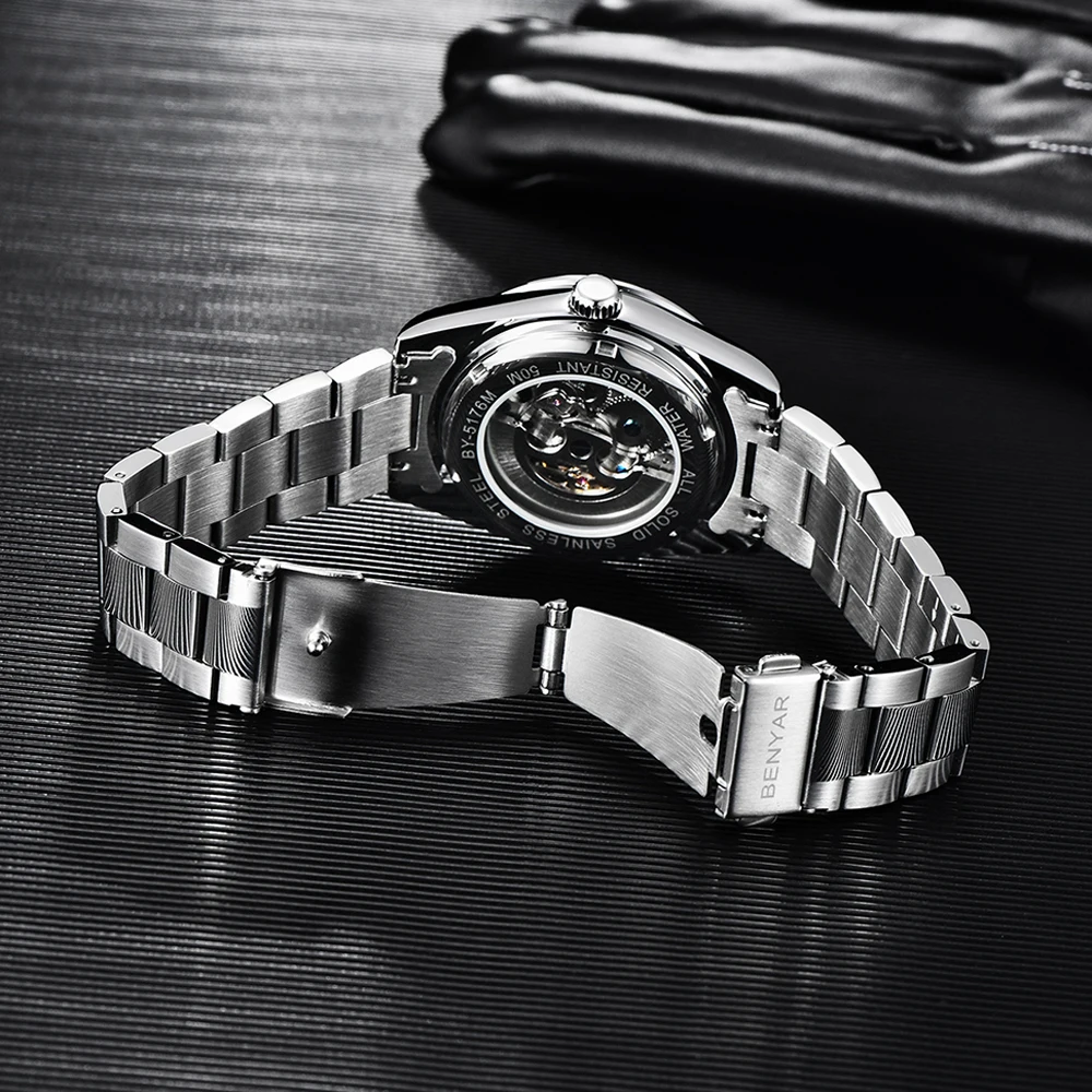 BENYAR ساعات رجالية موضة الراقية ساعات آلية للرجال عميق مقاوم للماء الفولاذ المقاوم للصدأ الياقوت الزجاج ساعة رجالي هدايا