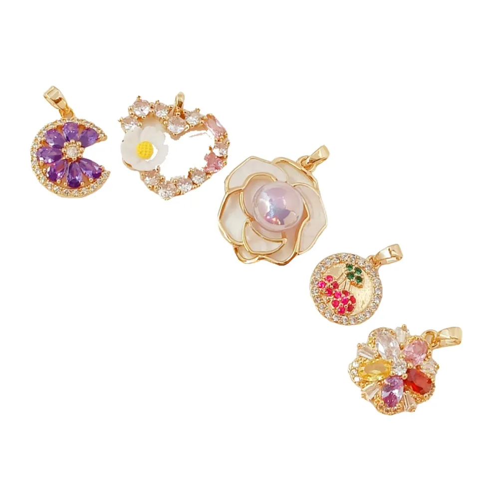 14K Gold-plated and Inlaid Zirconium Small Daisy Peach Blossom Flower Cherry Pendant DIY Handcrafted Bracelet Pendant