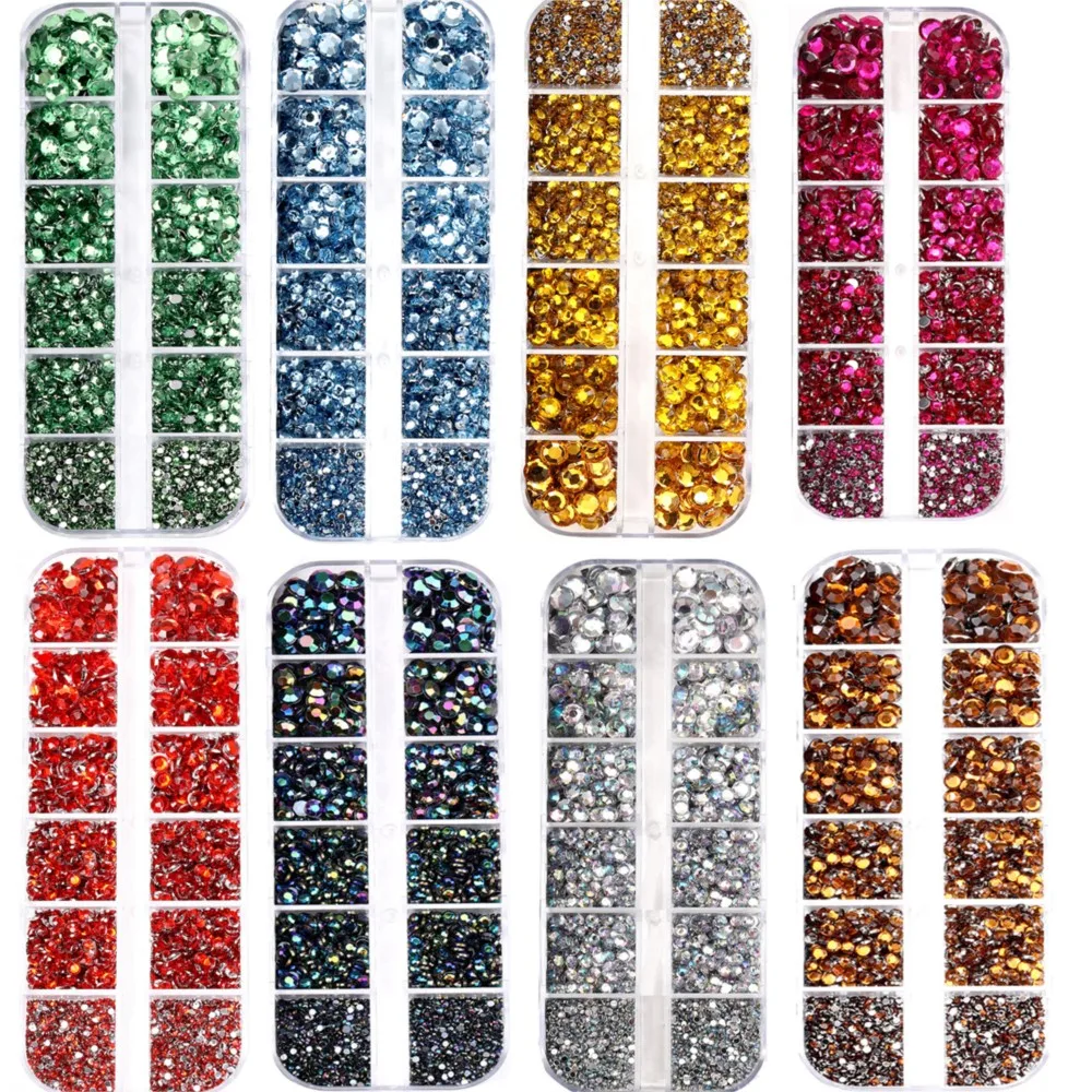 12 Grids Sparkle Translucent Colorful Mix Shapes Flatback Glass Diamonds Nail Art Rhinestones Jewel Decorations Manicure Charms