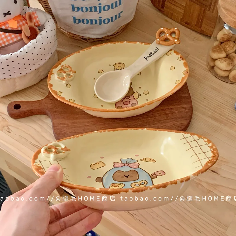 الكورية الرجعية كريم الكرتون الخبز الدب السيراميك طبق بيضاوي لطيف طبق المنزل الإفطار طبق تقديم الحلوى عيد ميلاد هدية عيد