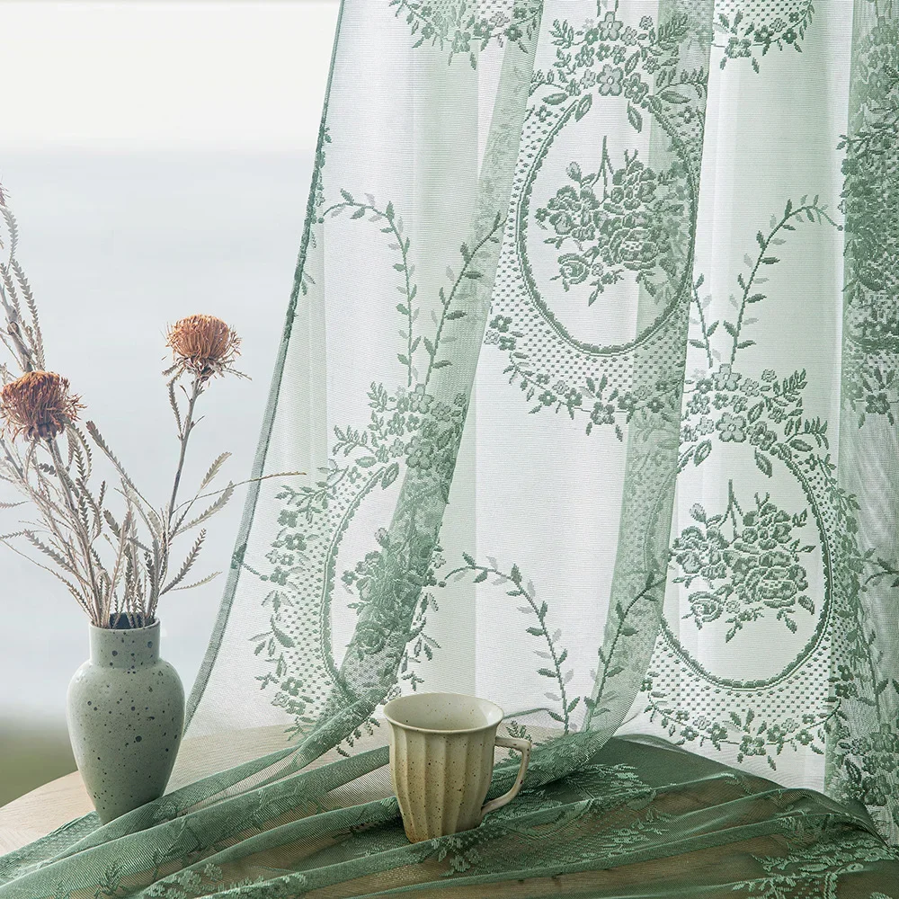 American ink Green Peony Jacquard Lace Gauze Curtains for Bedroom Retro Tulle Curtains Window Treatments Drapes For Living Room