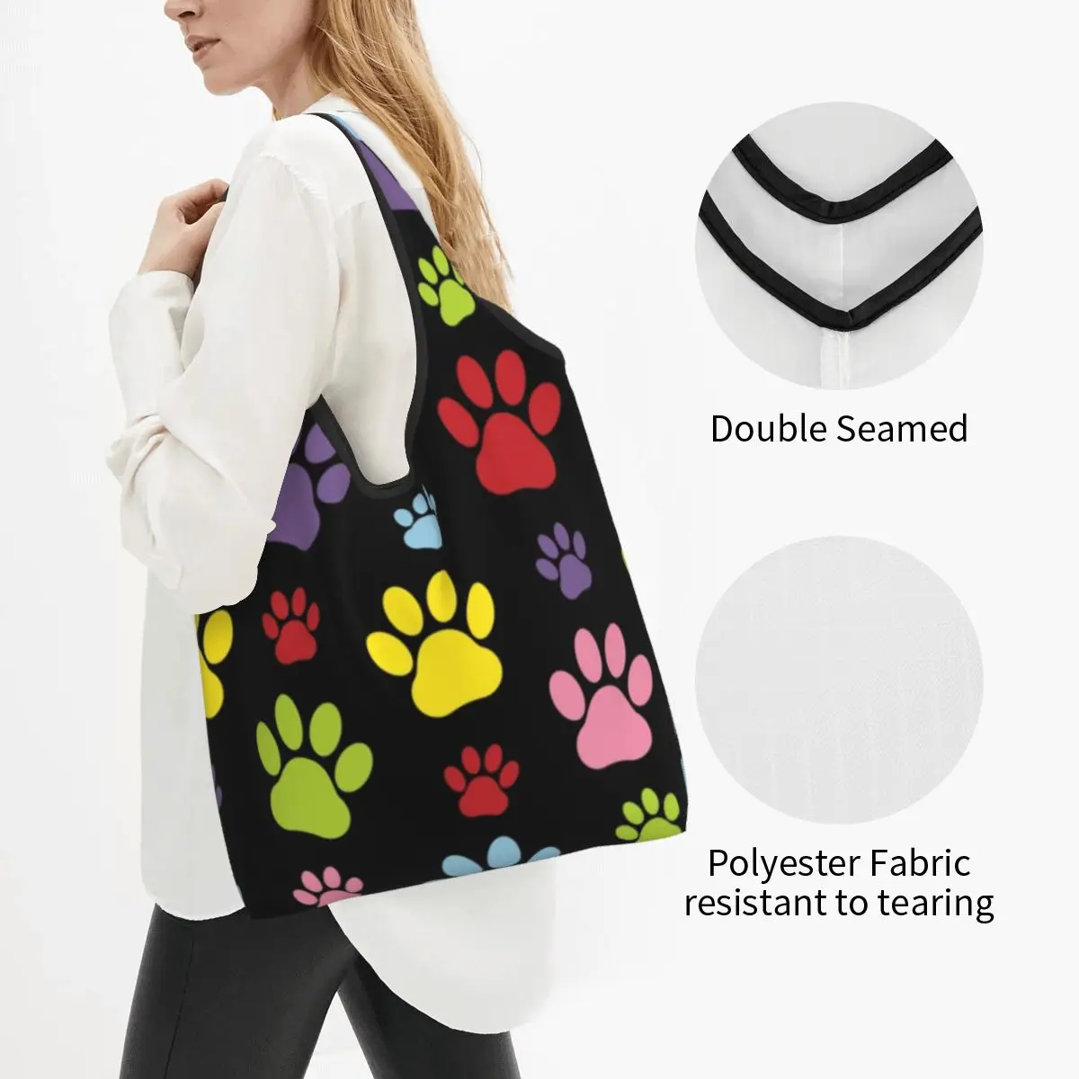 Colorful Paws Pattern Grocery Shopping Bags Cute Shopper Tote Shoulder Bags Big Capacity Portable Dog Paw Prints Pet Handbag