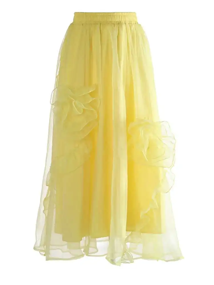 

High Elastic Waist Khaki Three-dimensional Flower Mesh Half-body Skirt Women Fashion Tide New Spring Autumn