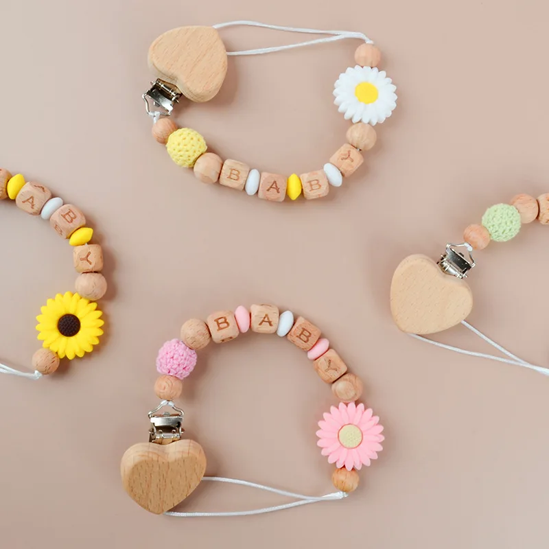 Clip per ciuccio con nome personalizzato personalizzato per bambini perline con lettere di faggio perline in Silicone catena per ciucci Anti-perso giocattoli per la dentizione del bambino