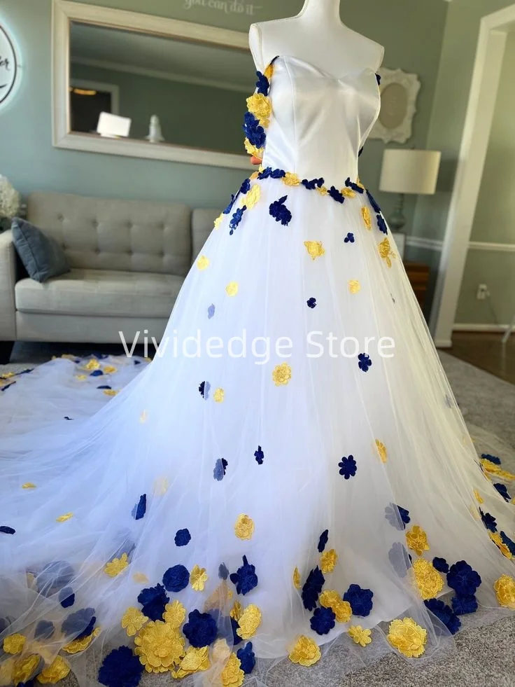 Gaun pernikahan putih Floral 3D biru kuning kustom gaun pengantin A-line 2025 vestidos de novia de Calla grande