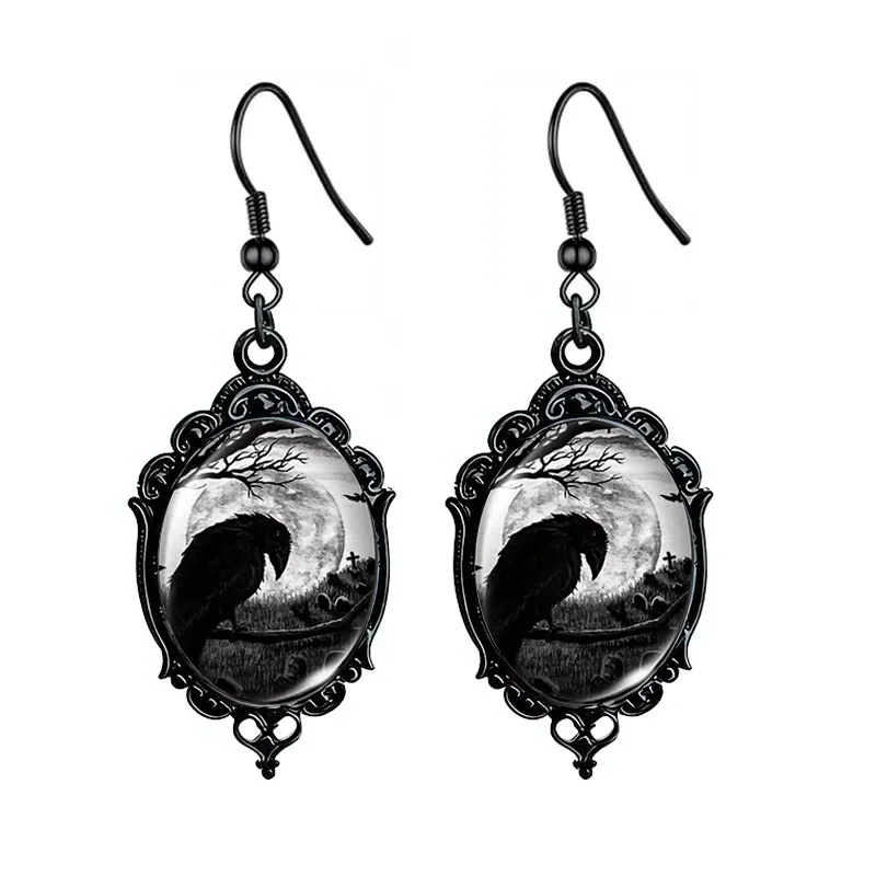 Gothic Halloween Schwarze Katze Hexe Krähe Schädel Ohrringe Punk Oval Glas Baumeln Ohrringe Für Frauen Mädchen