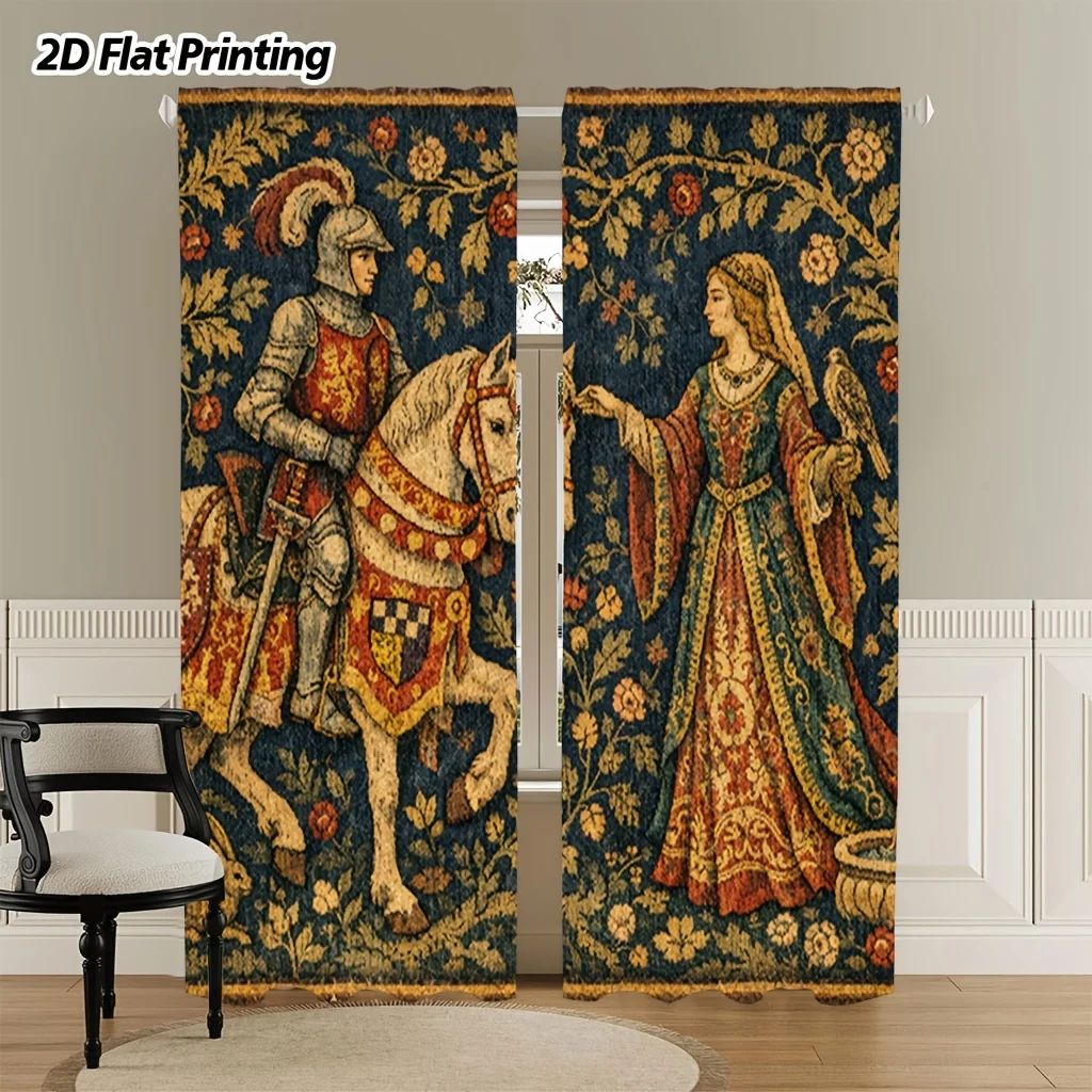 Retro Medieval Curtain Panels, Knight Horse Noble Lady Floral Old Tapestry Print Drapes for Apartment Vintage‑tone Living Space
