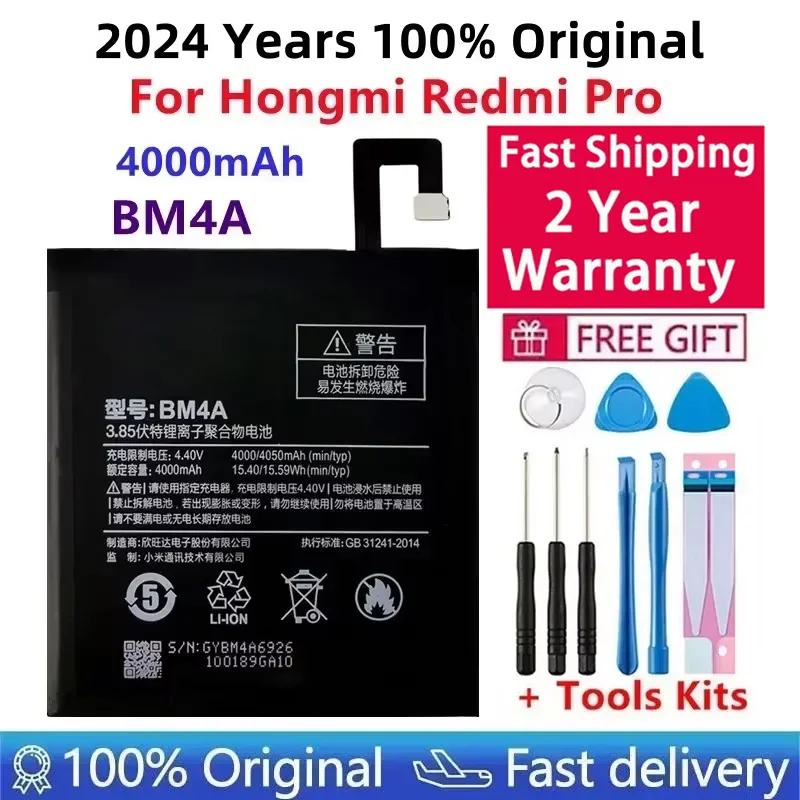 2024 Years Original Battery 4000mAh BM4A Phone Batteries For Xiaomi Hongmi Redmi Pro Battery+ToolS Fast Shipping