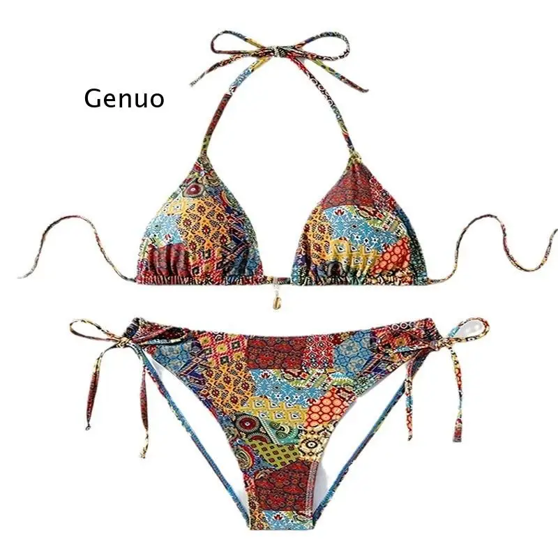

Tie Dye Print Triangle Halter Push Up Bikini Set Tie Side High Cut Two Piece Swimsuit