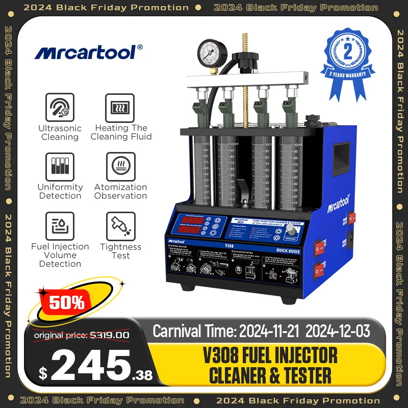 MR CARTOOL V308 Car Fuel Injector Cleaner & Tester 4 Cylinders Cleaning Fluid Heating Ultrasonic Nozzle Cleaning Machine For Car