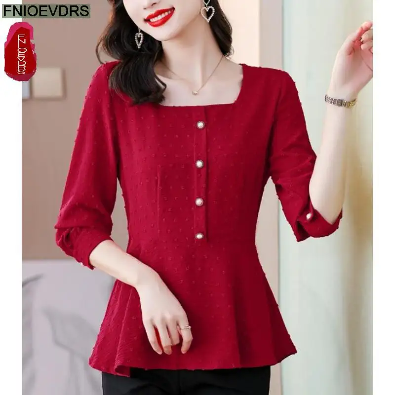 S-3XL 2023 Women Autumn Basic Wear Elegant Office Lady Work Button Shirt Casual Red Retro Vintage Peplum Tops And Blouses