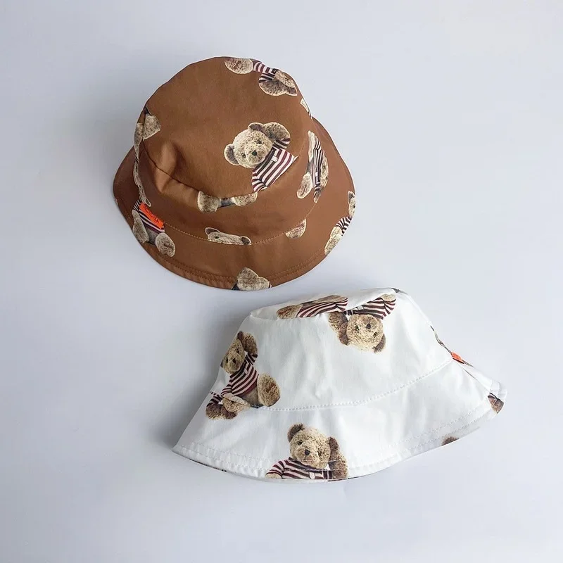 

Children's Bucket Hat Flat Top Cute Bear Print Boys and Girls Sunshade Baby Hat
