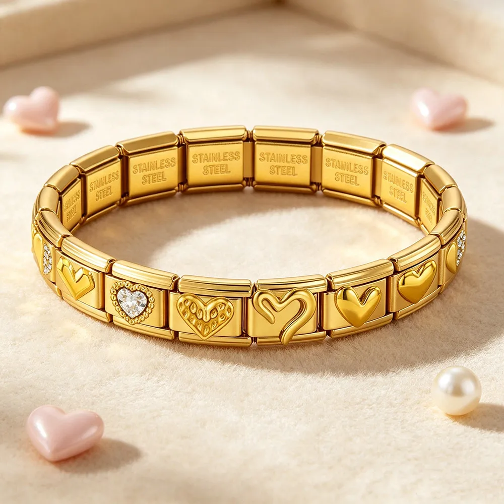 GEMOSA 9mm Luxus 3D Stereo Herz Edelstahl Armband Perlen Goldfarben Quadratische Anhänger Gliederketten Italienischer Schmuck DIY Geschenk – Detail 2