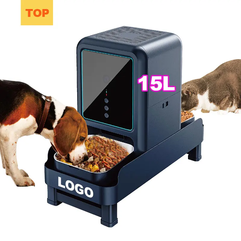 New Design Elevated 15L Large Dog Wireless Automatic Pet Feeder Double Bowls Food Cat Dispenser With Smart HD Camera Feeder