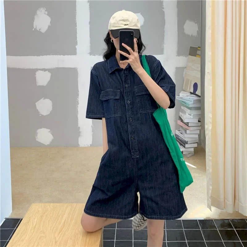 Tuta in denim pop Pantaloncini a gamba larga Tuta a vita alta Pantaloni da lavoro larghi Tuta intera di grandi dimensioni Abbigliamento donna Un pezzo