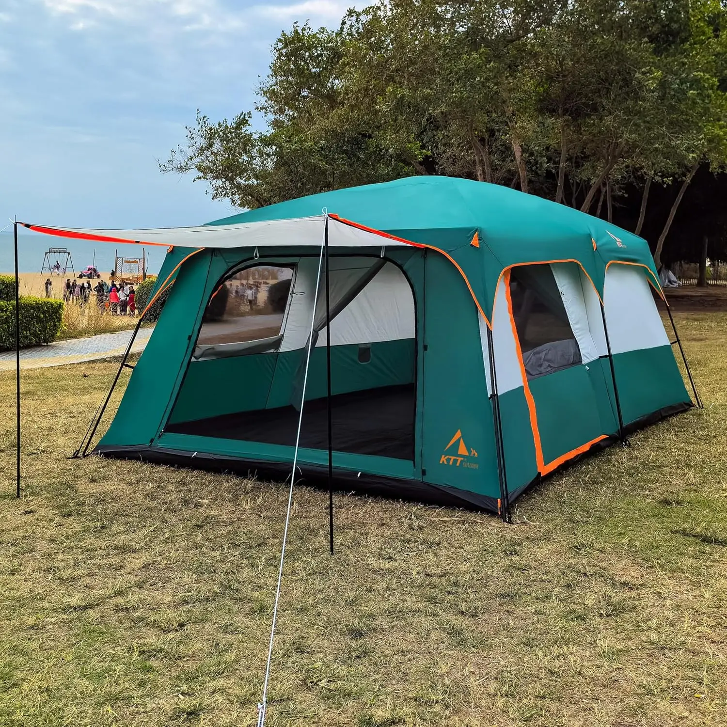 KTT Extra Large Tent 10-12-14 Person(Style-B),Family Cabin Tents,2 Rooms,3 Doors and 3 Windows with Mesh,Straight Wall,Waterproo